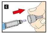 A hand holding a gray cap while a red arrow indicates the direction