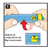 Two hands holding a blue injection pen with a red arrow indicating rotation of the device to select the control symbol