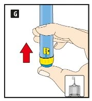 A hand holding a blue medical device while another hand supports the base, with a red arrow pointing upward