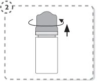 Diagram z kołową strzałką wskazującą obracanie kapsla buteleczki w prawo oraz pionową strzałką skierowaną w dół