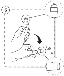 Diagram pokazujący dwie ręce obracające górną część urządzenia medycznego w dół zgodnie ze strzałką krzywą