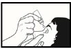 Black and white drawing of a hand pouring drops from a bottle directly into the eye