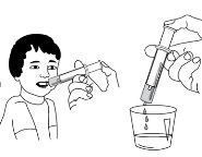Black and white drawing of a child taking medication using a needle-free syringe, with a hand pouring its content into a glass