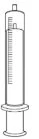 Black and white technical drawing of a medical syringe with a graduated cylindrical barrel and plunger with widened base