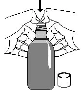 Two hands holding a medicine vial while a black arrow indicates the direction to remove the screw cap on top