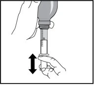 A hand grasps the base of a syringe connected to a vial while a black arrow indicates an up-and-down vertical movement