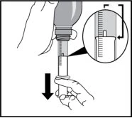 Technical drawing showing a hand pushing the plunger of a syringe downward, with an inset highlighting the graduated scale