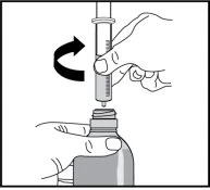 A hand rotates a syringe downward to insert it