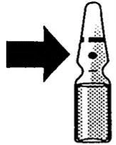 A black arrow points to a glass vial with a narrow neck and a scored top for breaking