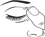 Black and white drawing of a closed eye with long eyelashes and a finger gently pressing on the upper eyelid above the nose