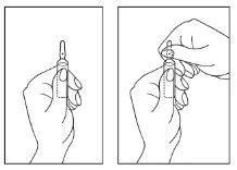 Two line drawings show a hand holding a vial and a second hand removing the top cap to open it