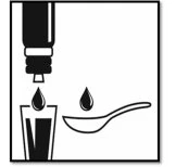Goccia di liquido che cade da un flacone in un bicchiere e una goccia che cade in un cucchiaio su sfondo bianco