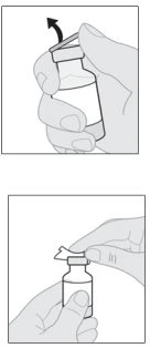 Two-step illustration showing a hand removing the cap from a medicine vial and a