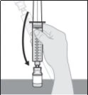 A hand rotates a syringe with needle downward to draw medication from a vial via a black curved arrow