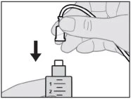 A hand holds a medical device with a tube, and a black arrow indicates downward movement toward a graduated container with numbers
