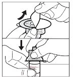 Two-step illustration showing hands removing the top cap and then pressing down on the medical device