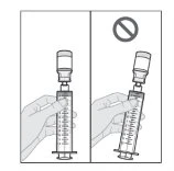 Two drawings show a hand holding a syringe in the correct vertical position and in an incorrect tilted position marked with a prohibition symbol
