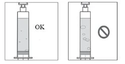 Two diagrams of vertical syringes: the first with uniform liquid labeled OK, and the second with air bubbles in the