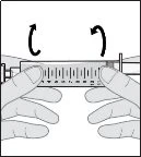 Two hands hold a syringe horizontally with curved arrows indicating a rotating motion to the right and left