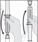 Technical drawing showing two hands rotating a syringe in opposite directions indicated by curved arrows for assembly or disassembly