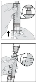 Two illustrations show hands holding a graduated syringe with arrows and magnified details highlighting dose markings and the plunger