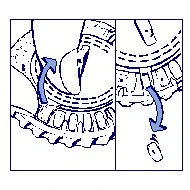 Diagramma medico che mostra il movimento rotatorio di un dispositivo per l'apertura e il distacco di un componente con una freccia blu curva