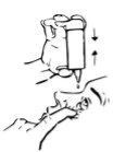 Schematic drawing showing a hand holding a bottle above a nose to dispense a liquid drop