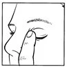 Black and white drawing of a human profile with a finger gently pressing the area between the lower eyelid and the eyeball