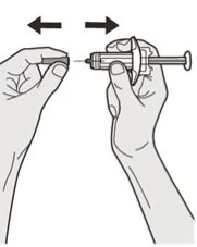 Two hands holding a syringe with a needle, and black arrows indicate a lateral shaking motion between the fingers of the left hand