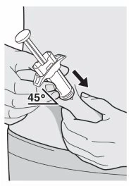 Two hands holding a syringe for insertion into the skin at a 45-degree angle indicated by a black arrow and a degree symbol