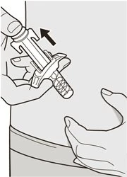 Technical drawing showing a hand holding an injection medical device against the skin of the upper arm