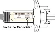 Diagram of a medical device with a label indicating batch number and expiration date with the text Fecha de Caducidad