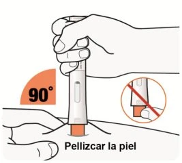 Ręka trzyma białe urządzenie medyczne i wciska je pionowo pod kątem 90 stopni w skórę, podczas gdy