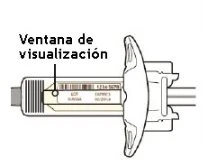 Disegno tecnico di una siringa con una finestra di visualizzazione centrale che mostra un codice a barre e scritte su fondo chiaro