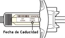 Diagramma di un dispositivo medico con etichetta che indica il numero di lotto e la data di scadenza con la scritta Fecha de Caducidad