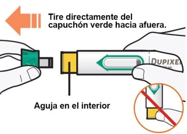Two hands separate a green cap from a white medical device with a green arrow and the word Dupixent with the