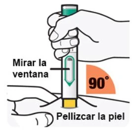 A hand holds a vertical injection pen while the