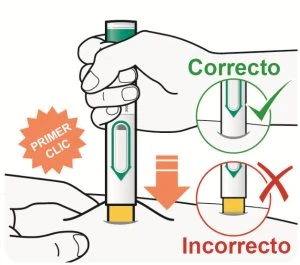 Medical illustration showing the correct insertion of an injection pen into the skin compared to incorrect insertion with the
