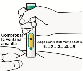 A hand holds an injection pen with a yellow window, placed against the skin while the