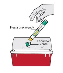 A hand holds a pre-filled pen above a red disposal container with a separate green cap