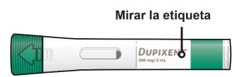 Illustration of a Dupixent 300 mg/2 mL injection pen with a black arrow indicating the