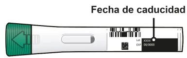 Horizontal pregnancy test with reading window, barcode, QR code, and expiration date indication with a black arrow