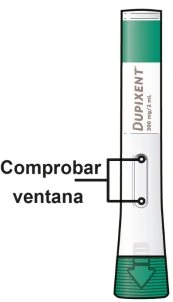 Illustration of a Dupixent 300 mg/2 mL injection pen with an arrow indicating the viewing window to be checked