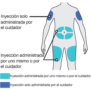 Human body diagram with blue zones on shoulders and turquoise on abdomen and thighs indicating injection sites for patient or caregiver