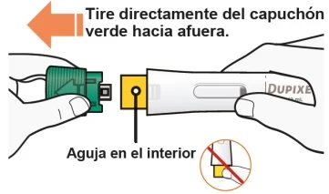 Two hands separate a white medical device with a green cap indicated by an orange arrow, revealing an internal needle