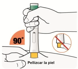 Illustration of a hand holding a vertical auto-injector at 90 degrees against the skin while the