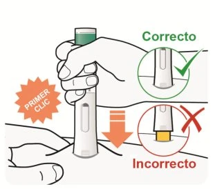 Medical illustration showing the correct use of an injector by placing it perpendicularly on the skin compared to
