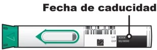 Graphic of a pharmaceutical container with barcode, QR code, and an arrow indicating the expiration date section on a black background