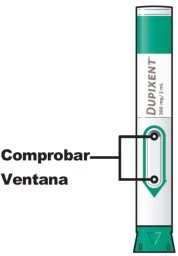 Dupixent injection pen with textual indication pointing to the viewing window to check its contents