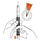 Due mani tengono una penna iniettiva con un cronometro accanto che indica un tempo di attesa di 5 secondi e una freccia arancione verso l'alto
